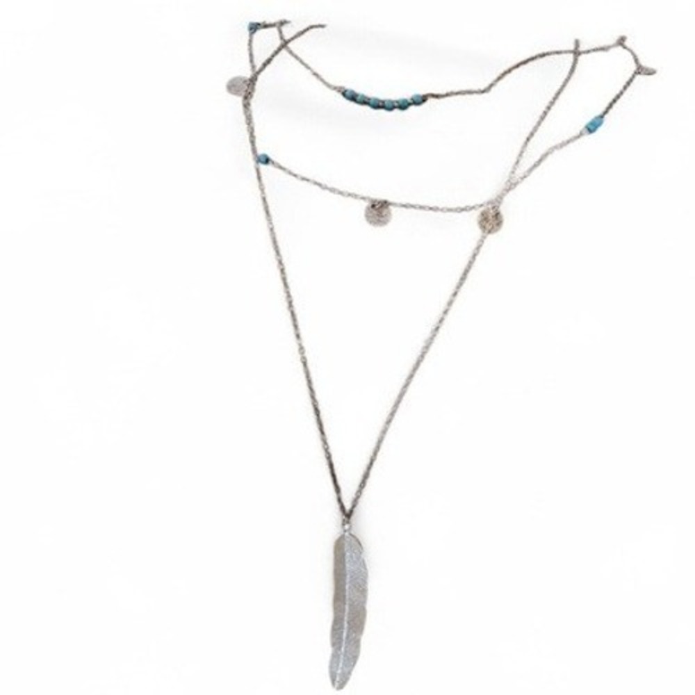 Boho Layered Feather Necklace Turquoise Silver Tone - Picture 2 of 6
